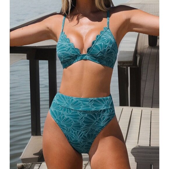 Cupshe Other - CUPSHE Women’s 2 Piece Swimsuit Small Blue Jacquard High Waist Scallop Crisscros